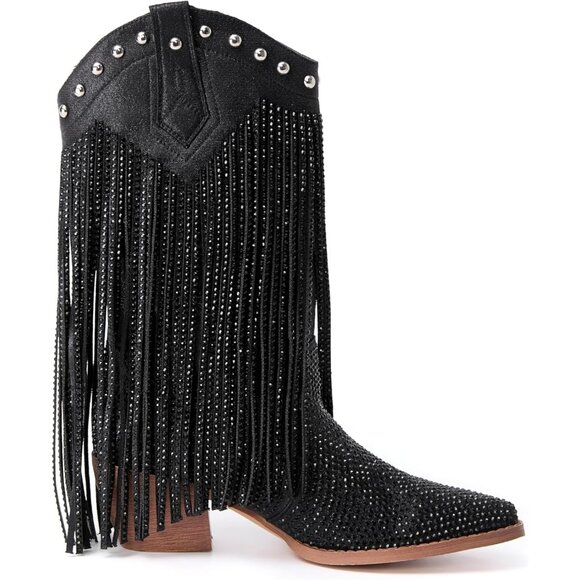 ⚡Women's Black Pointed toe Thick Heel Ankle Boot Ladies Crystal Embroider - Picture 2 of 6